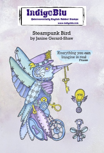 Steampunk Bird A6 Red Rubber Stamp by Janine Gerard-Shaw